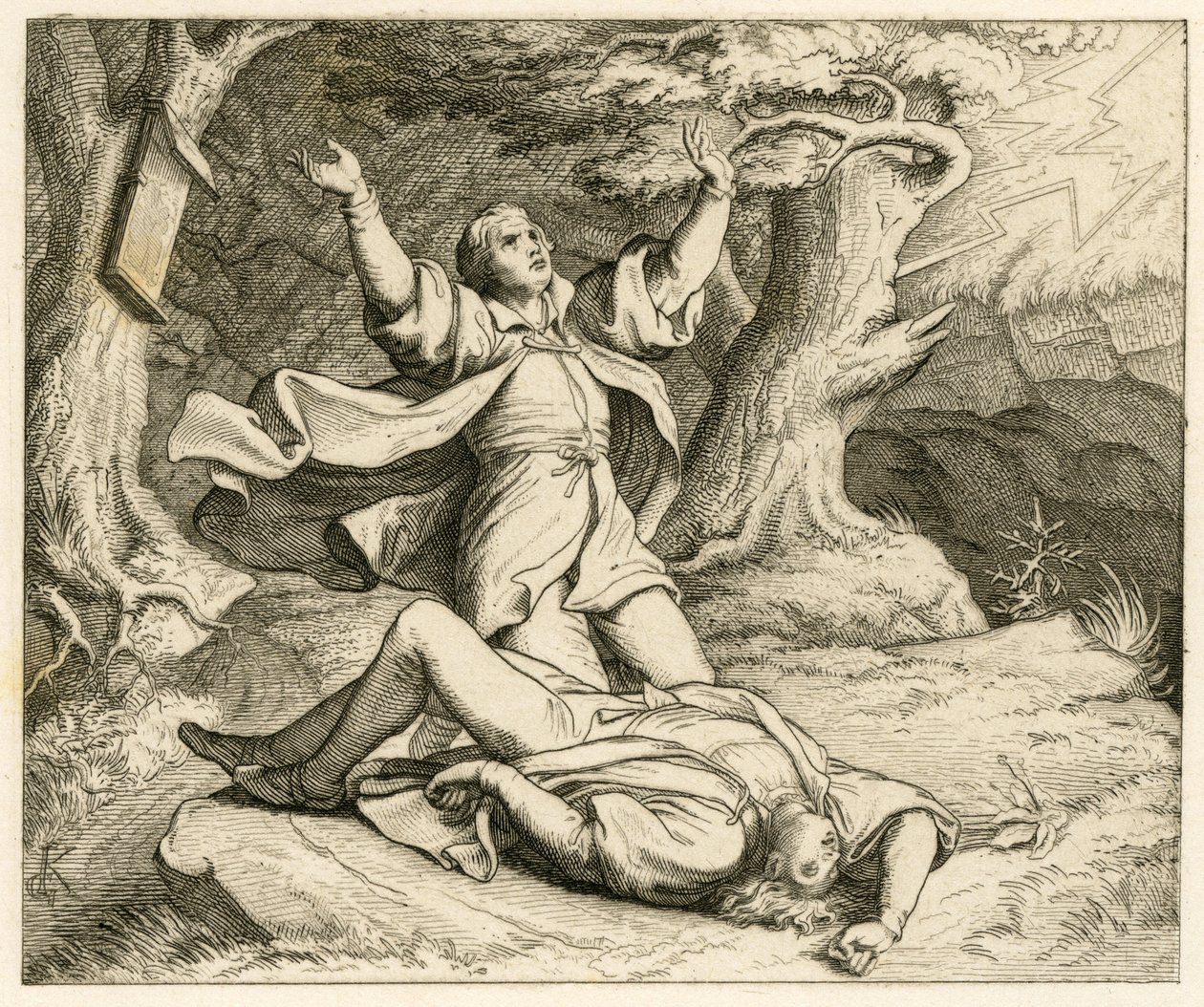 Martin Luther och hans vän Alexis (kanske så hette han) gick ut på en vandring och det kom ett åskväder. Alexis träffades av blixten och han dog av Gustav Ferdinand Leopold Konig