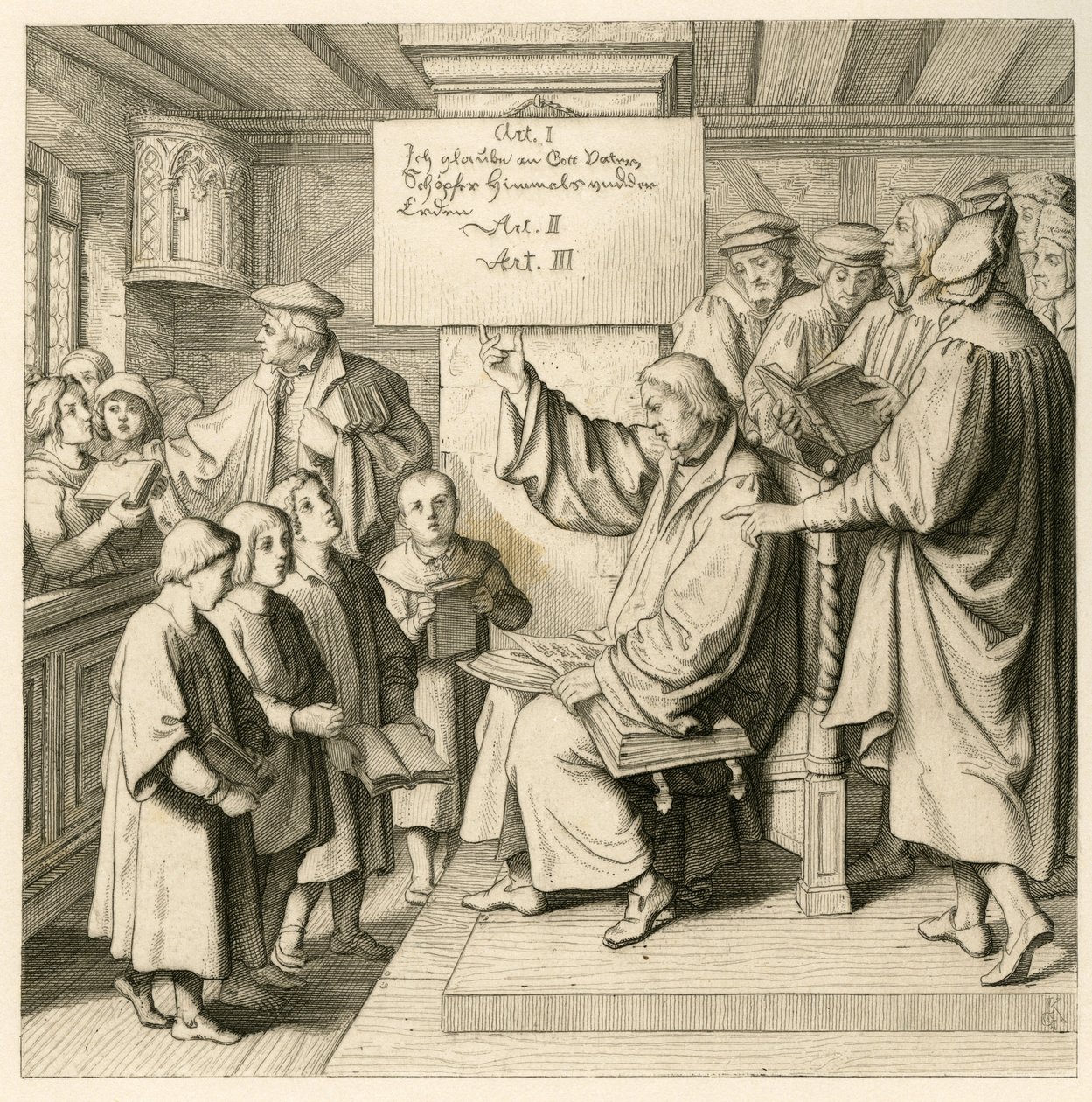 Martin Luther i skolan med många barn, eftersom religionslektionerna är väldigt viktiga för honom, till höger några lärare av Gustav Ferdinand Leopold Konig