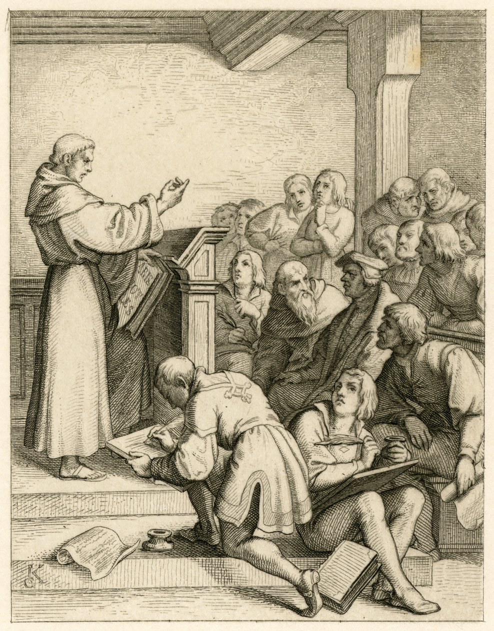 Martin Luther föreläser på universitetet i Wittenberg, framför honom vicekanslern doktor Pollich och hans fadersvän Johann von Staupitz (1460-1524) av Gustav Ferdinand Leopold Konig