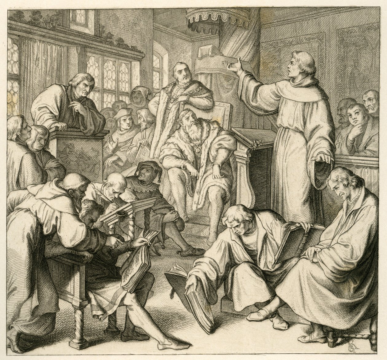 Martin Luther i diskussion med Dr. Johannes Eck (Johann Maier von Eck) (1486-1543), på Luthers sida finns Philipp Melanchthon (1497-1560) och Karlstadt (Andreas Rudolf Bodenstein von Karlstadt av Gustav Ferdinand Leopold Konig