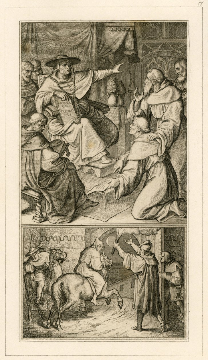 Martin Luther i diskussion med kardinal Cajetan, Luther måste återkalla sina skrifter, bredvid honom hans vän Staupitz av Gustav Ferdinand Leopold Konig