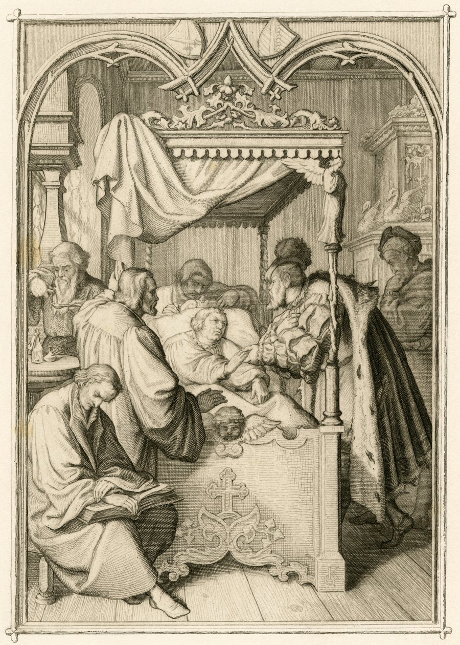 Martin Luther är mycket sjuk, kurfursten Johann Friedrich (Johann Frederic Ier de Saxe av Gustav Ferdinand Leopold Konig