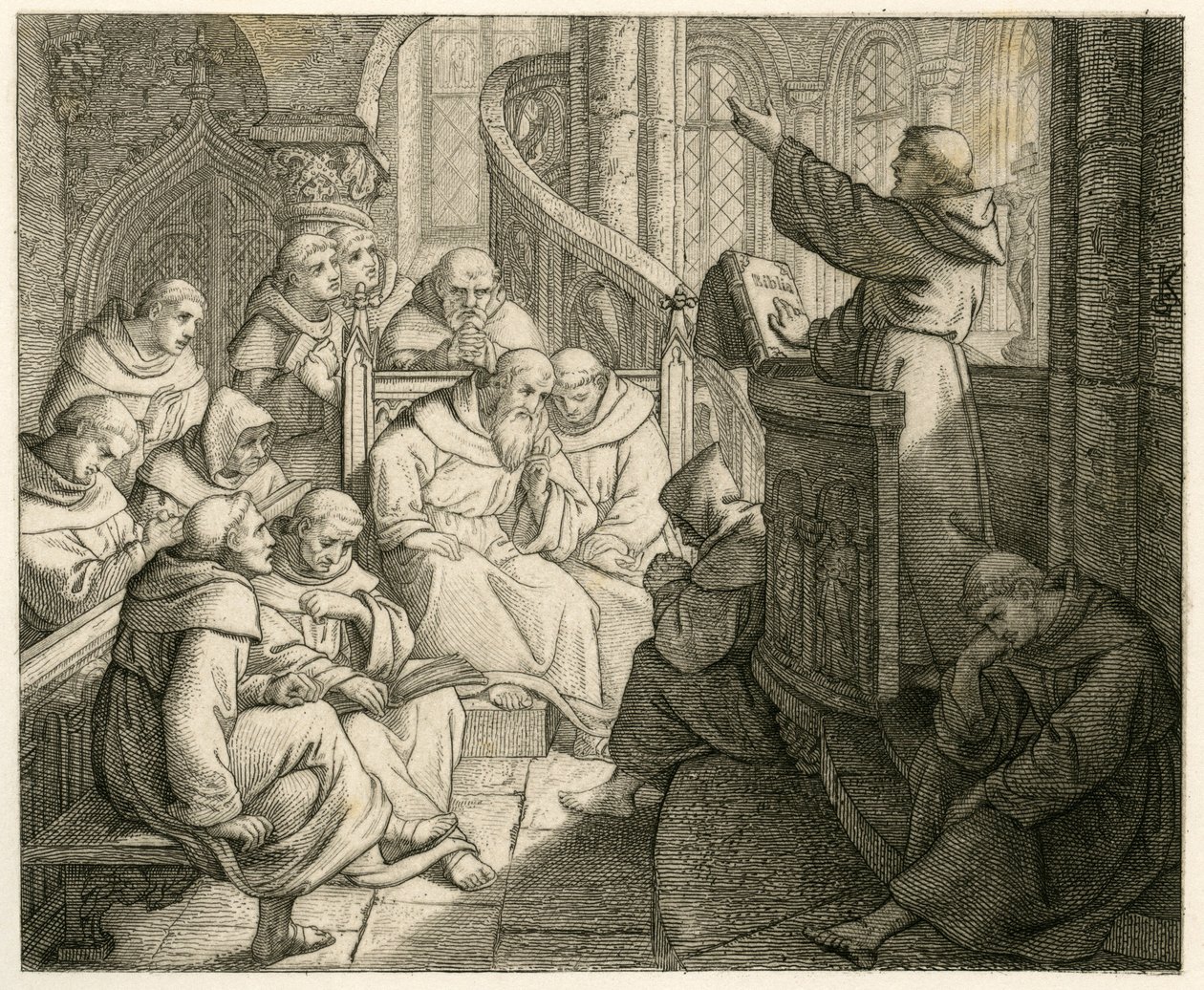 Martin Luther predikar i klostret, framför Staupitz, sin fadersvän av Gustav Ferdinand Leopold Konig