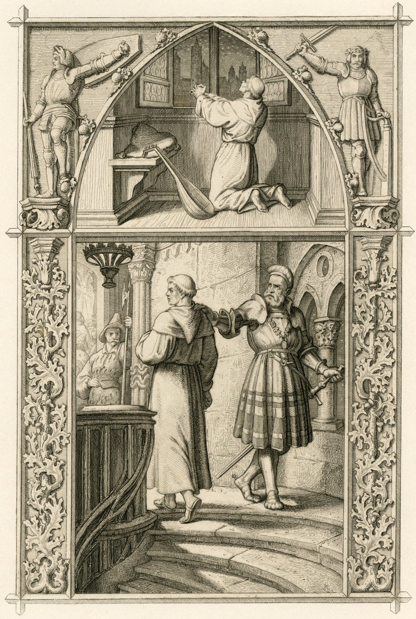 Martin Luther förbereder sig genom en bön för mötet med kejsaren (bild ovan) ; huvudbild : Luther möter riddaren George (Georg) von Frundsberg (Jorg von Fronsberg, Freundsbergin av Gustav Ferdinand Leopold Konig