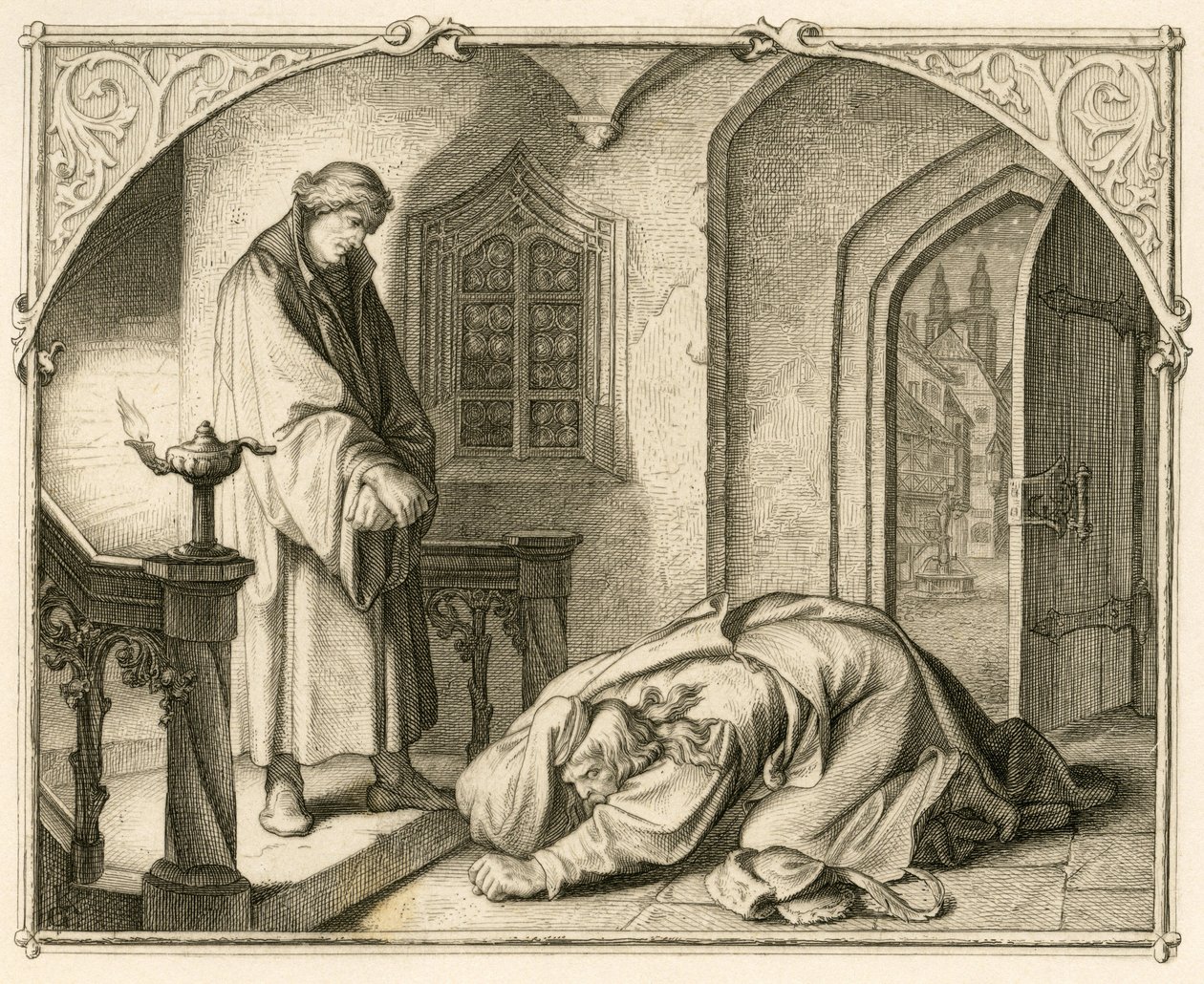 Martin Luther tillsammans med rånaren Hans Kohlhase (1500-1540) av Gustav Ferdinand Leopold Konig