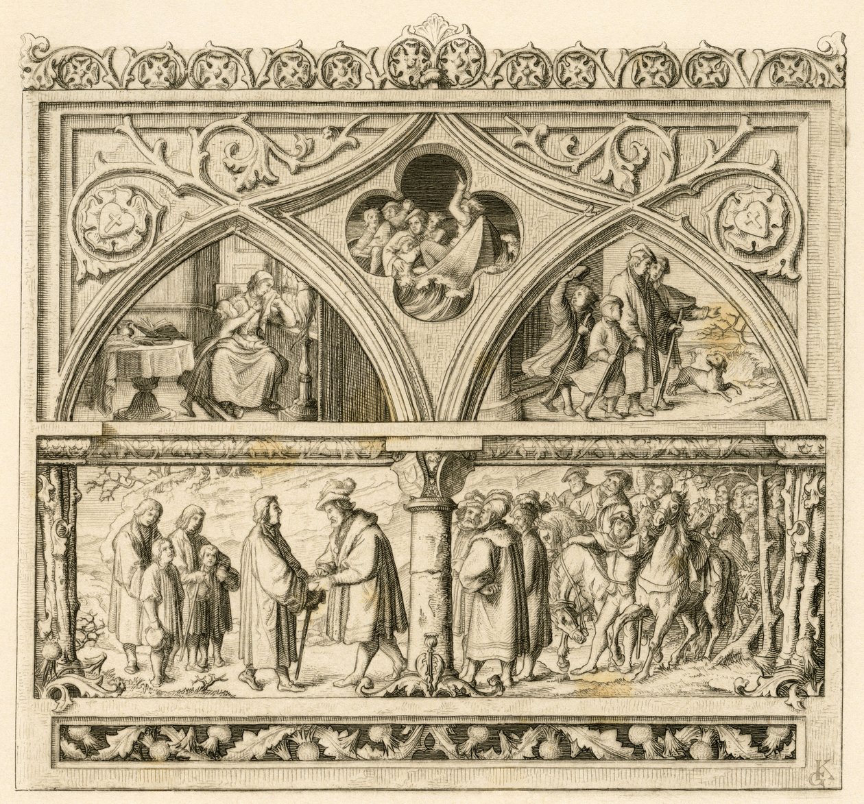 Martin Luthers resa till greve Mansfeld (Hoyer VI av Mansfeld-Vorderort (1477-1540); bild uppe till vänster: den sorgsna Katharina, i mitten: rage Saalefloden, till höger: Luther tillsammans med sina söner bild nere: Luther och greve av Gustav Ferdinand Leopold Konig