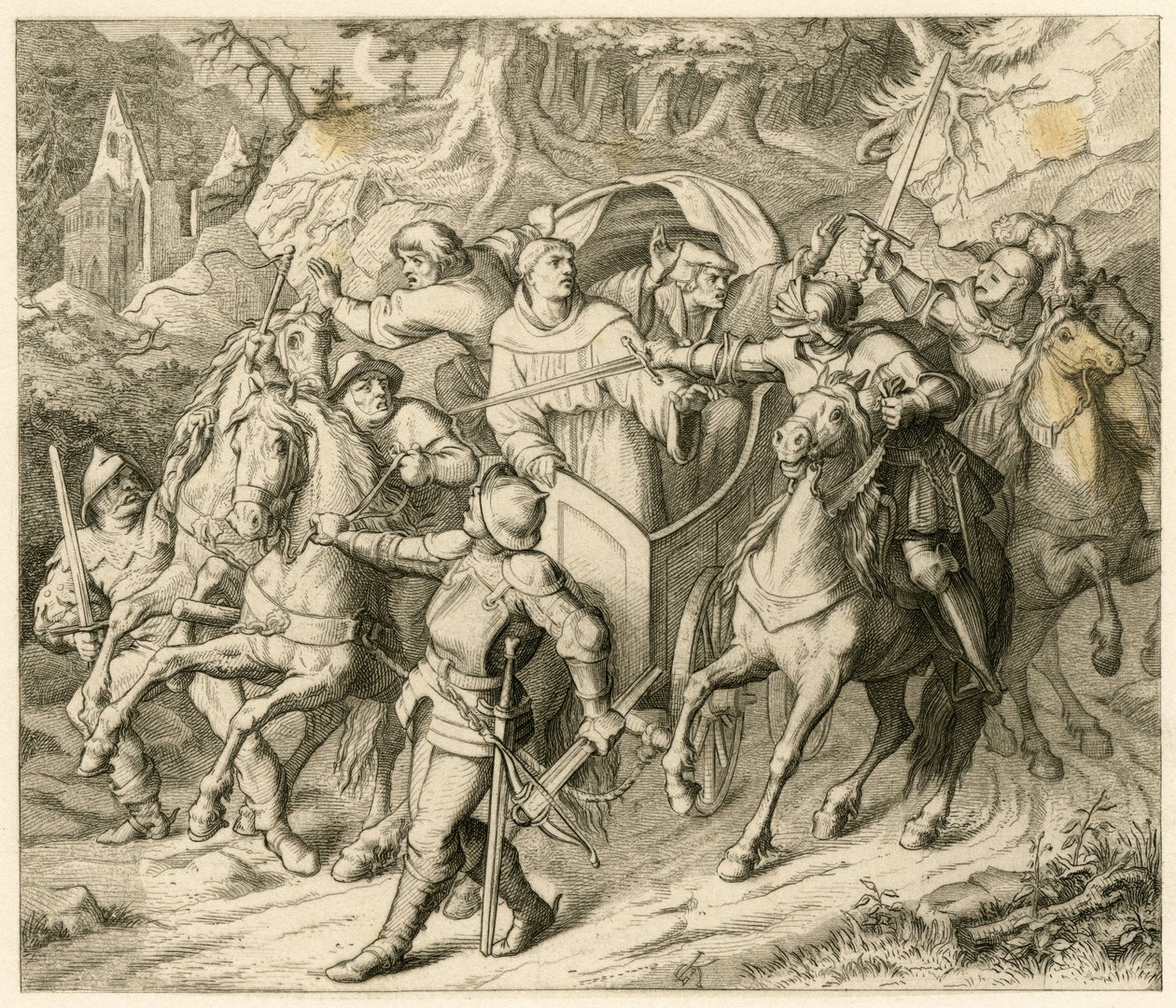Kidnappningen av Martin Luther på hans återresa - 1521 - av Hauptmann von Berlepsch och Burkhard Hund, eftersom det fanns tjuren för bannlysning av påven och kejsarens fredlöshet av Gustav Ferdinand Leopold Konig