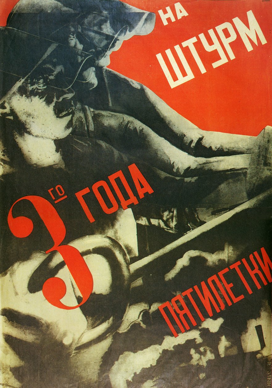 I stormen av femårsplanens tredje år, av Klutsis, Gustav (1895-1938). ca 1930 (litografi) av Gustav Klutsis