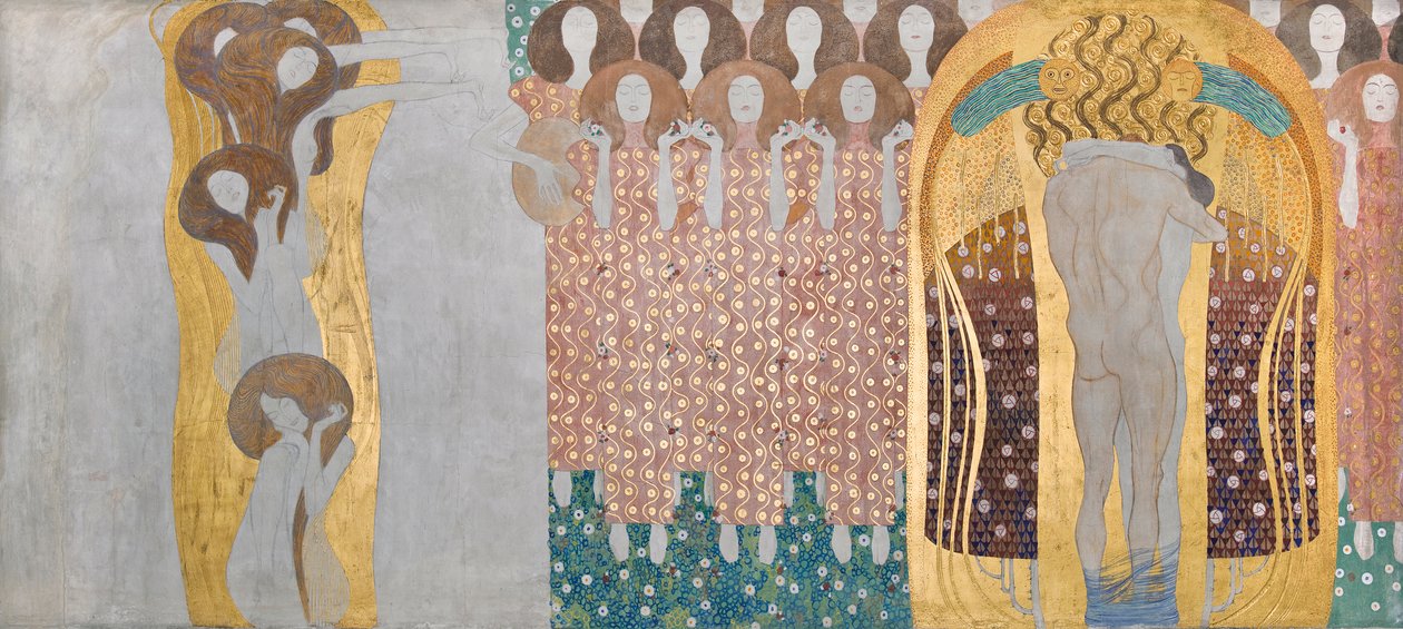 Beethoven Frieze: The Arts, Paradise Choir and Embrace - Tallrik 8, höger långvägg av Gustav Klimt