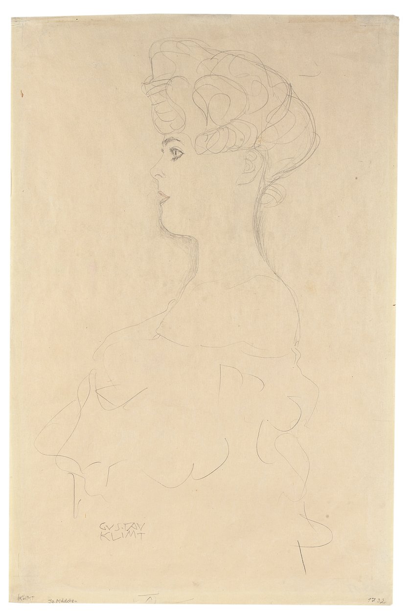 Bystprofilporträtt från vänster, ca 1904-05 (blyerts med vit och röd krita på japanskt similipapper) av Gustav Klimt