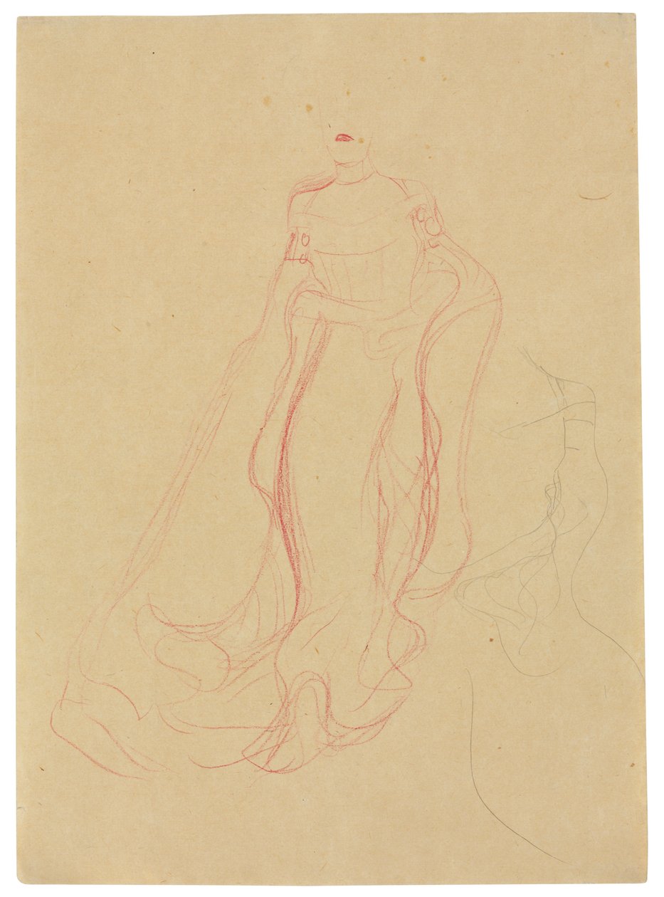 Kostymstudie med händerna knäppta, repetition av höger sida, ca 1903-04 (färgad vaxkrita och blyerts på buffrat papper) av Gustav Klimt