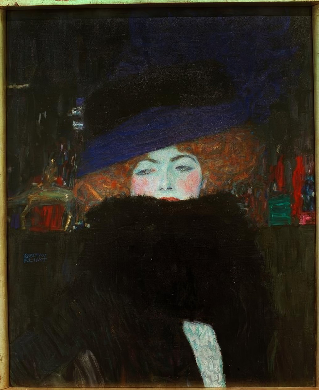 Dam med hatt och fjäderboa av Gustav Klimt