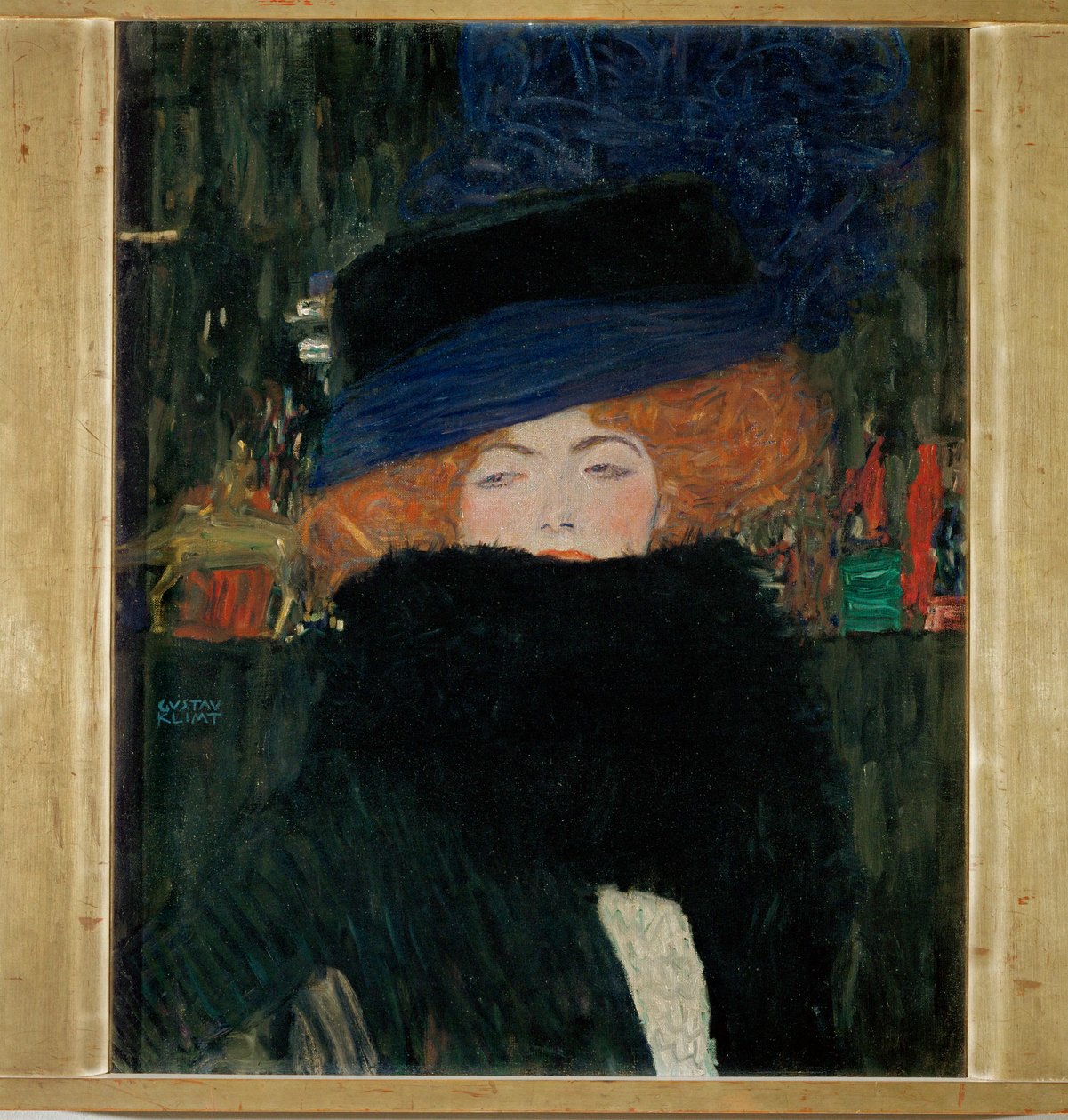 Dam med hatt och fjäderboa av Gustav Klimt