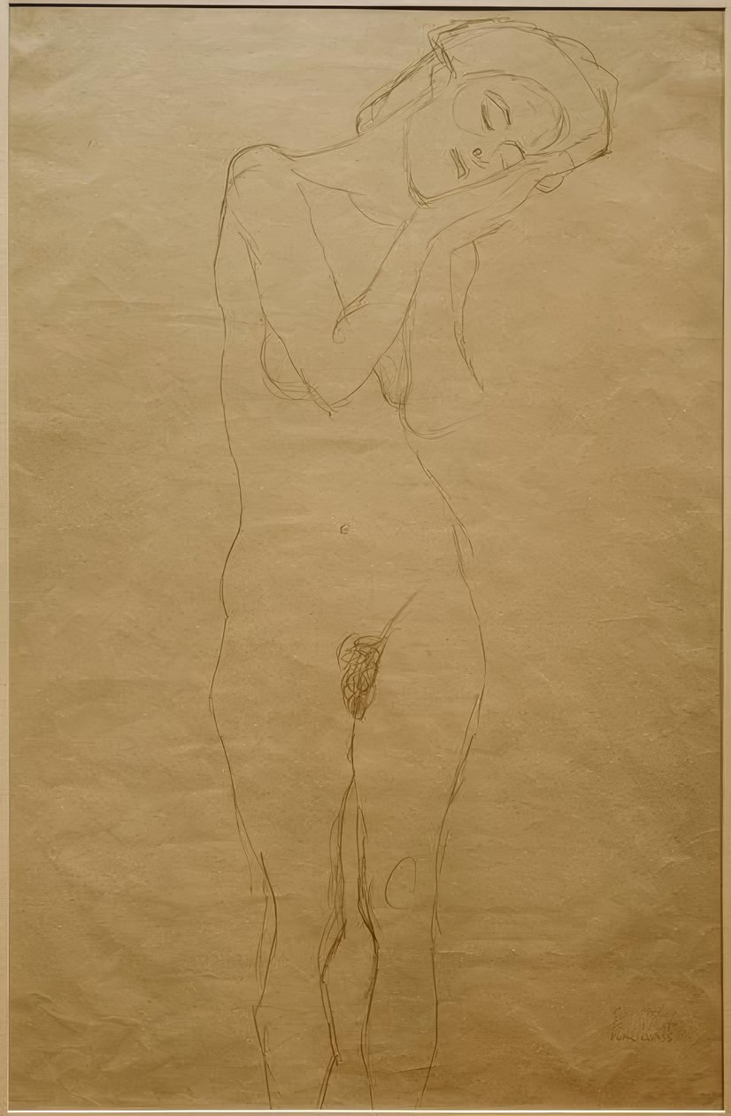 Naken framifrån, händerna på kinden av Gustav Klimt