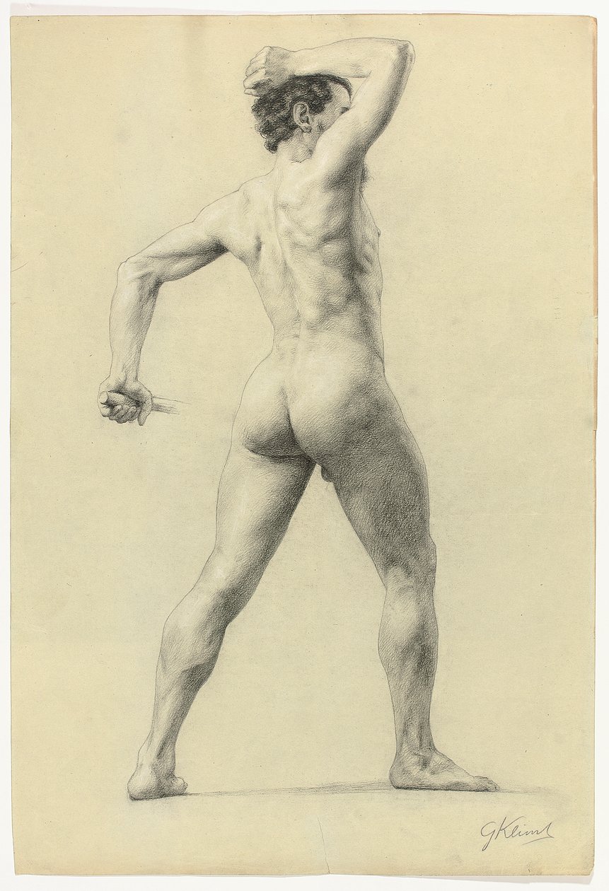 Manlig nakenbild bakifrån, ca 1880 (blyerts överstruken med vit krita på papper) av Gustav Klimt