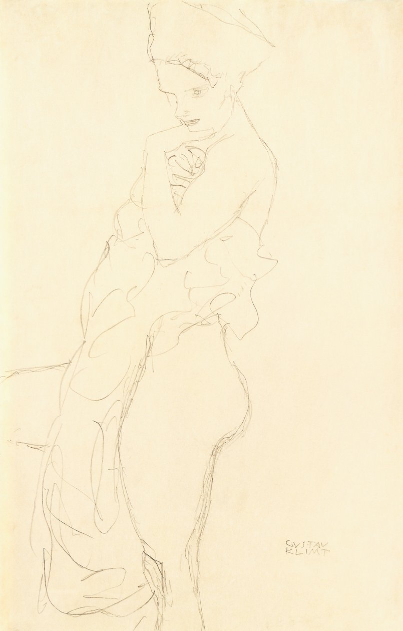 Naken Stående vänster, med en handduk mot kroppen, 1917 av Gustav Klimt