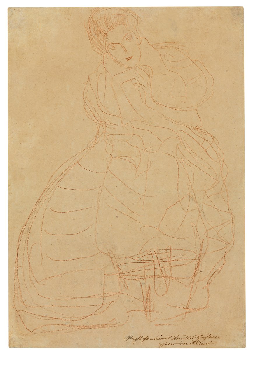 Porträtt av Adele Bloch-Bauer. Kostymstudie med händerna hållna i en hästskoform av Gustav Klimt