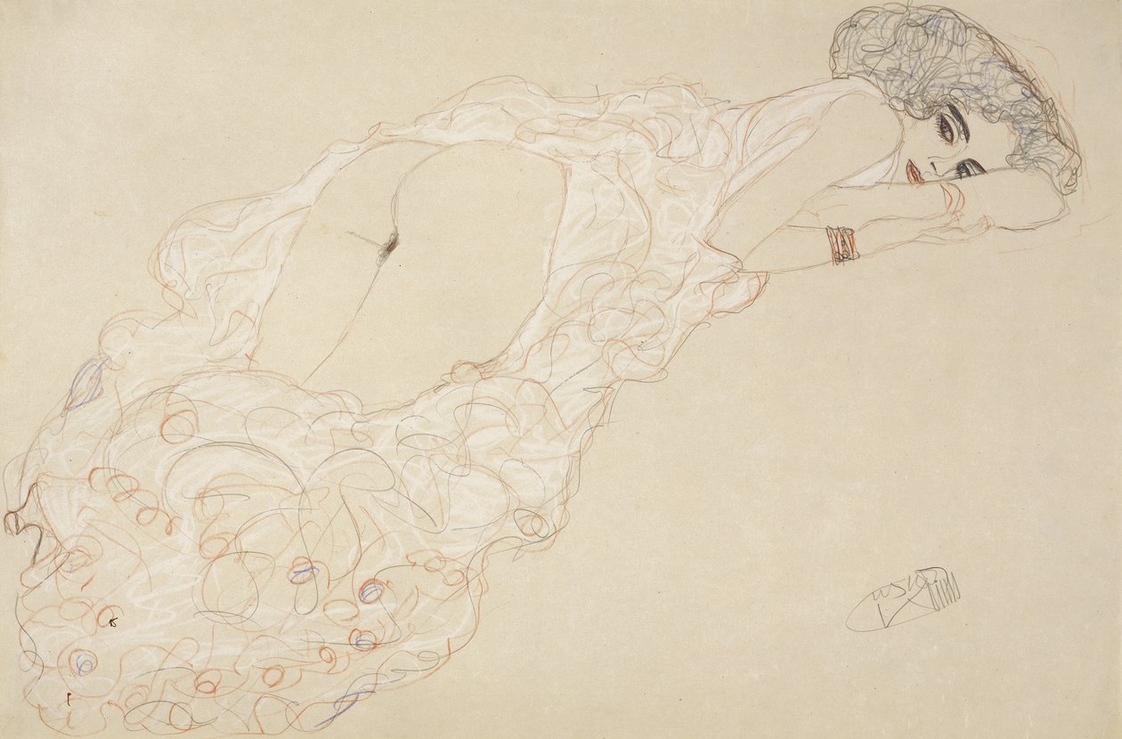 Liggande naken liggande på magen och vänd åt höger av Gustav Klimt