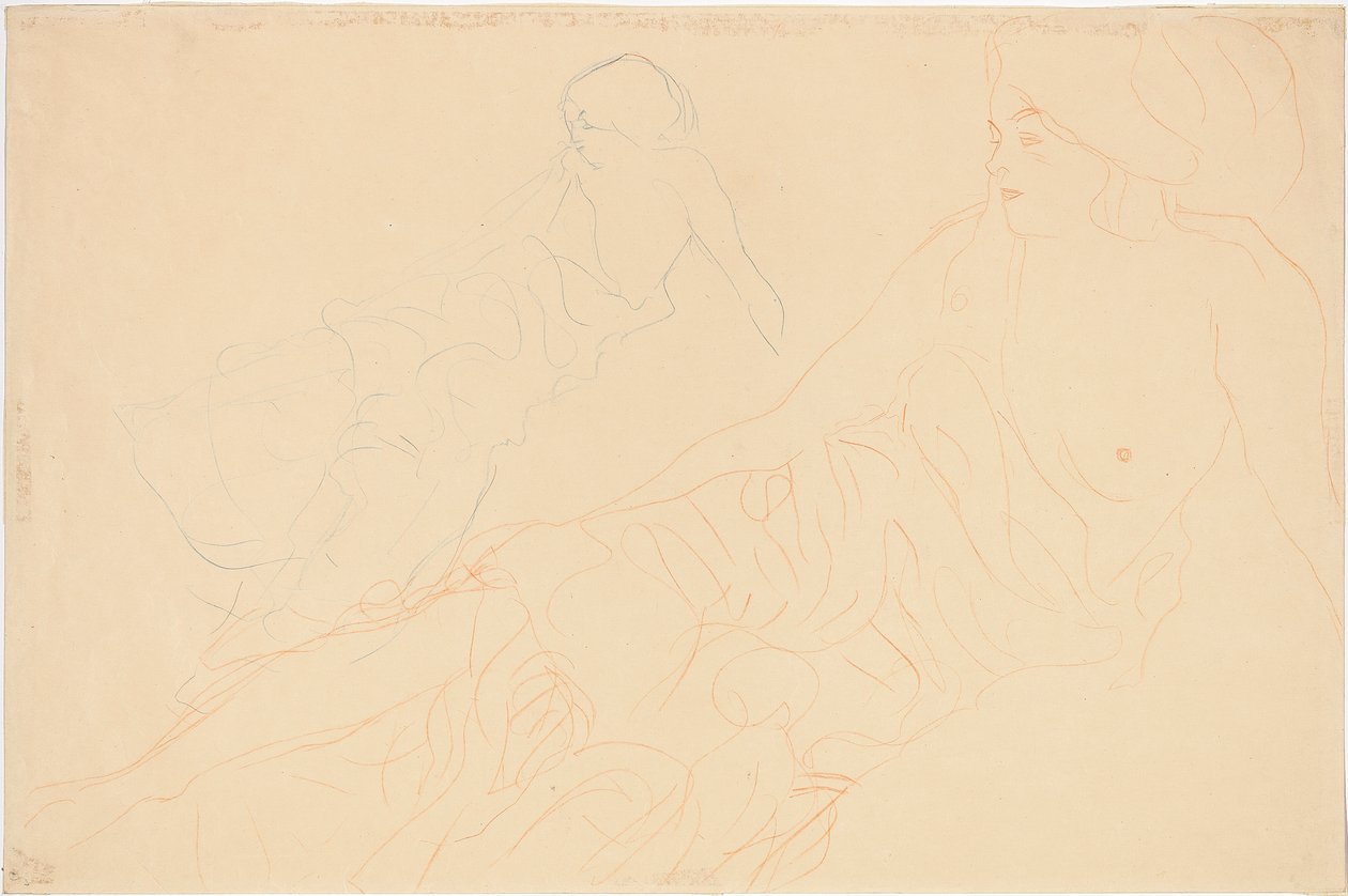 liggande nakenbilder; Kvinna liggande stöttad, upprepning till vänster, 1913 av Gustav Klimt