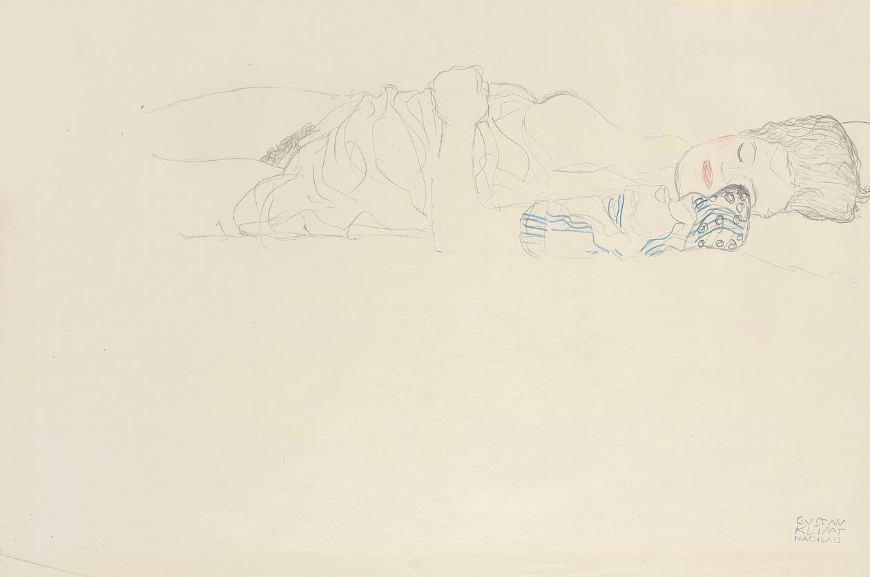 Liggande halvnaken till höger, ca 1914-15 av Gustav Klimt