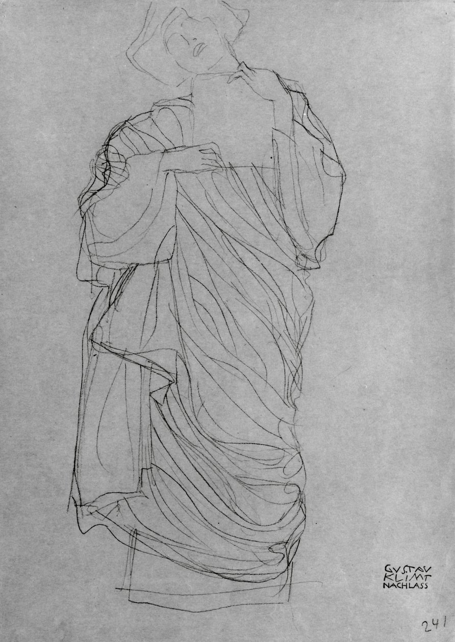 Klädd stående kvinna håller kort, (penna på brunt papper) av Gustav Klimt