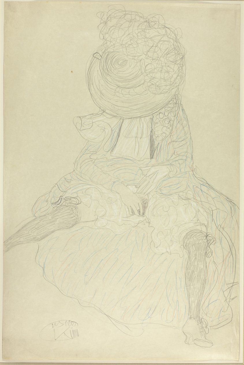 Sittande kvinna framifrån med hatt, ansiktshuva av Gustav Klimt