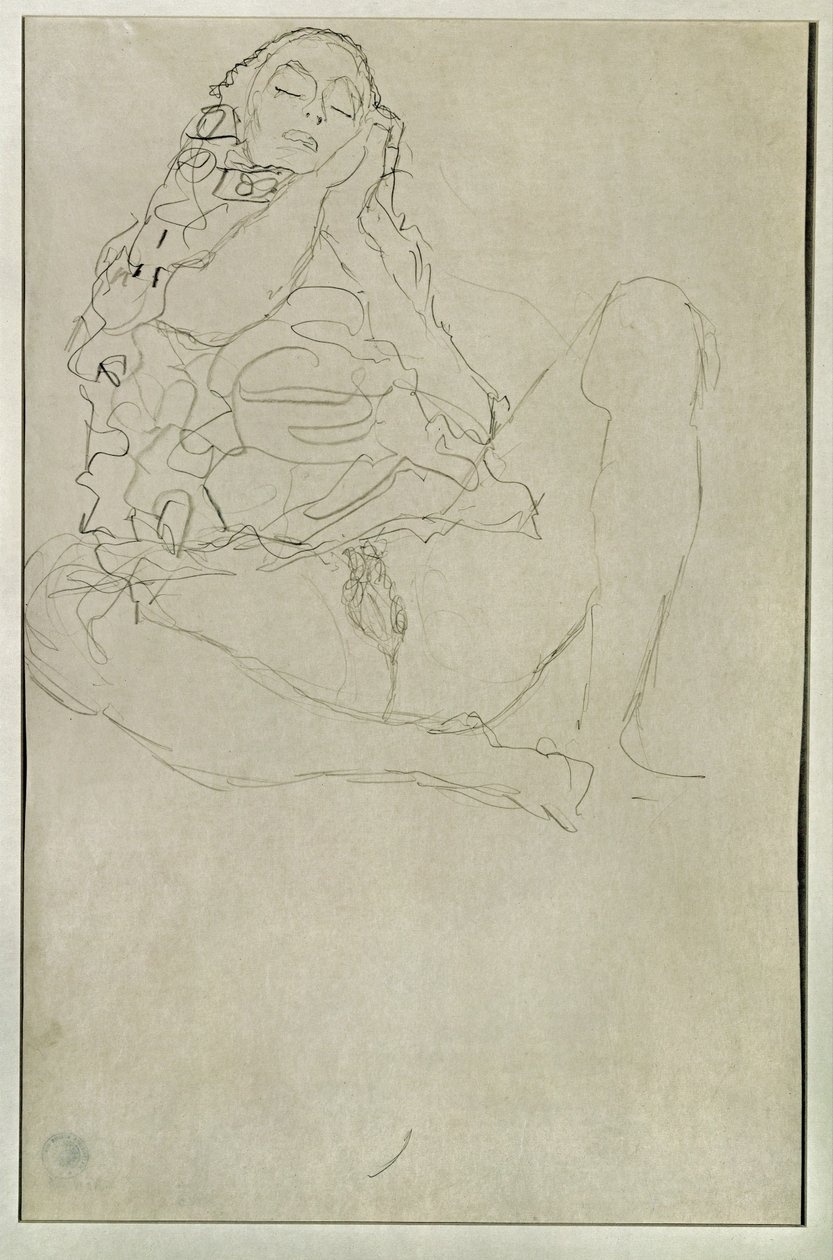 Sitter halvnaken med slutna ögon av Gustav Klimt