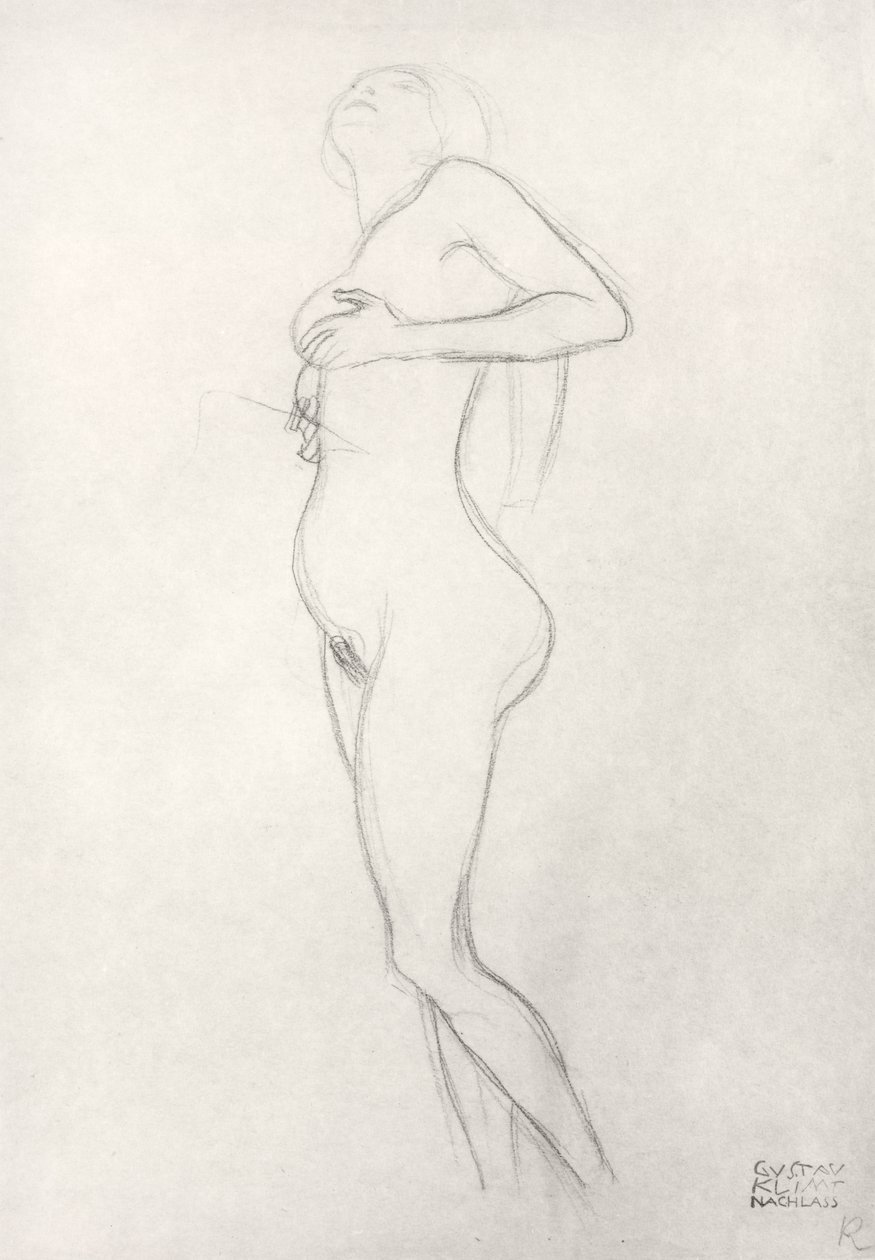 Stående Naken Flicka Som Ser Upp av Gustav Klimt