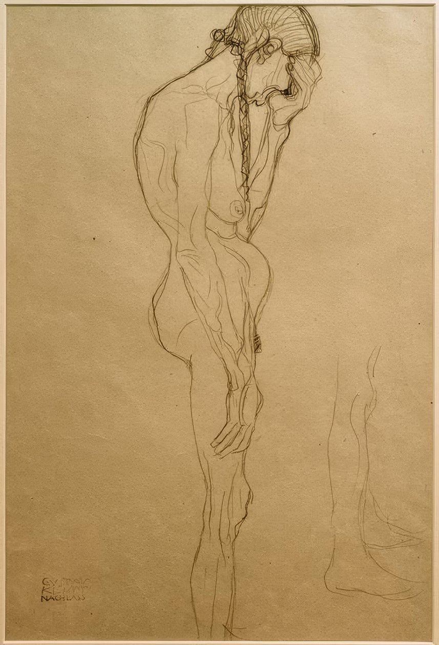 Stående gammal kvinna i profil till höger, benstudie av Gustav Klimt
