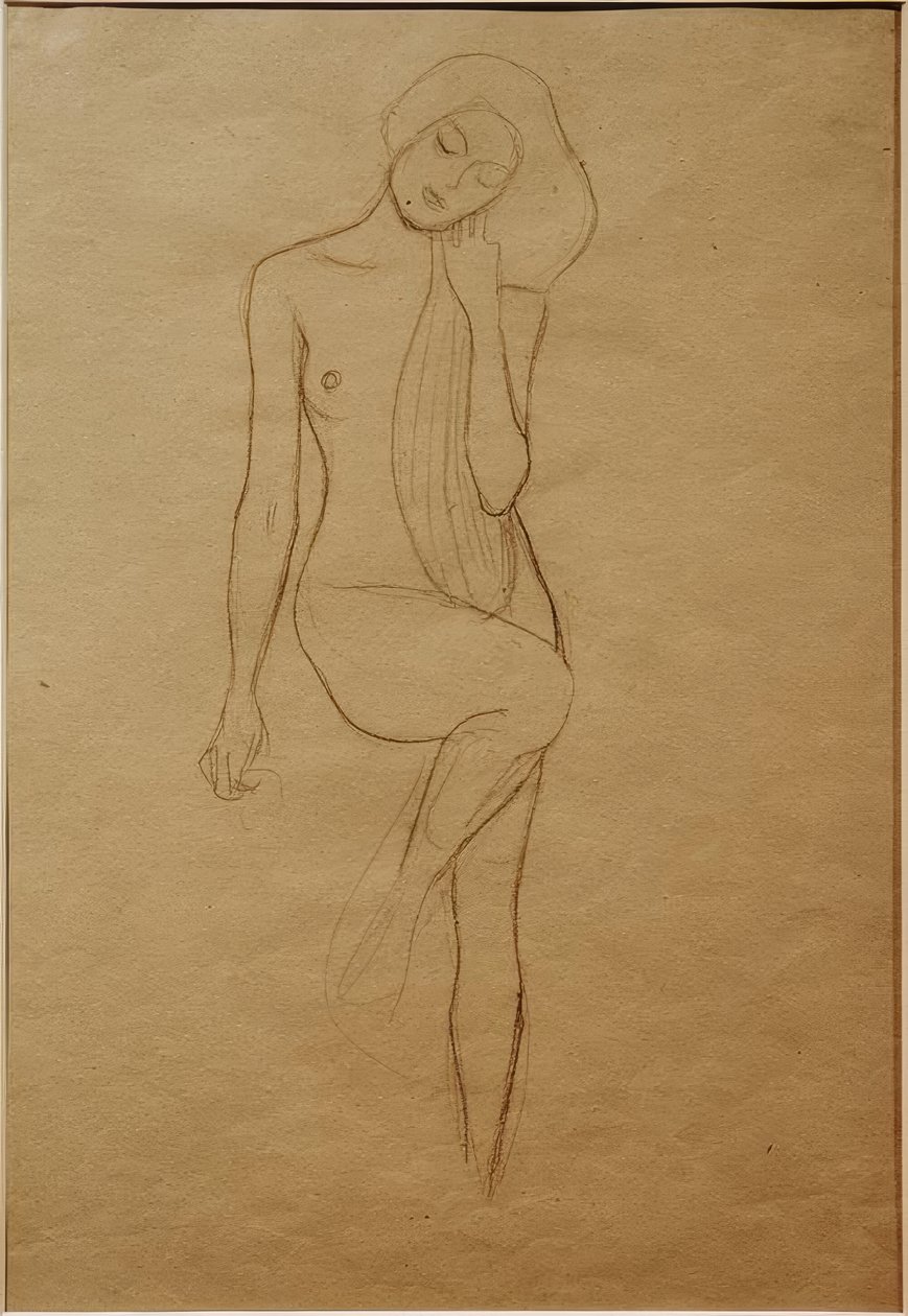 Stående kvinnlig naken med upphöjt höger ben av Gustav Klimt