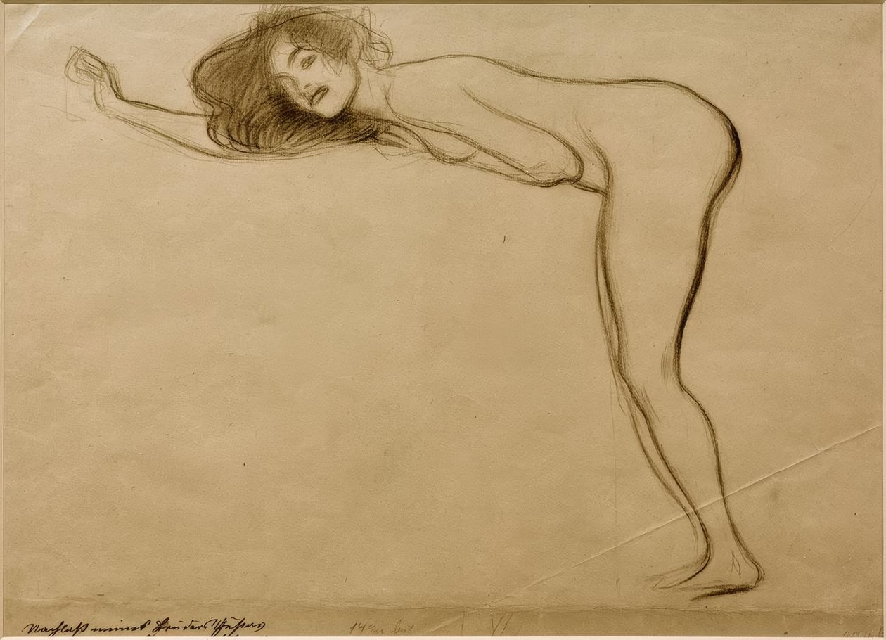 Stående flicka naken med kroppen böjd framåt till vänster av Gustav Klimt