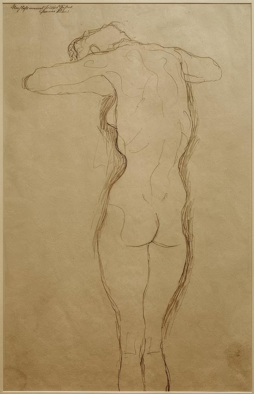 Stå naken från ryggen, armarna böjda horisontellt (studie) av Gustav Klimt
