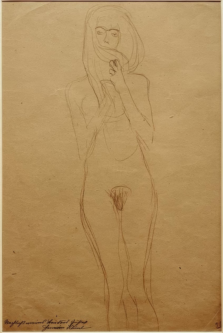 Stående kvinnlig naken, munnen täckt av hår av Gustav Klimt
