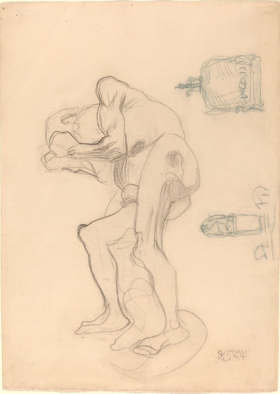 Studie av en naken gammal kvinna som knyter näven och två dekorativa föremål av Gustav Klimt