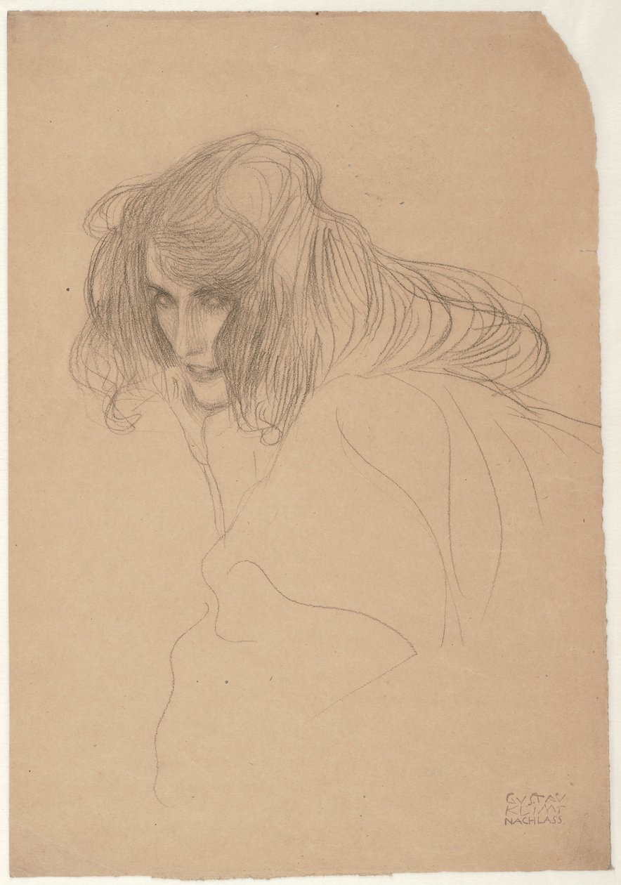 Studie av en kvinnas huvud i trekvartsprofil Study for Unchastity in the Beethoven Frieze, c.1901-1902 av Gustav Klimt