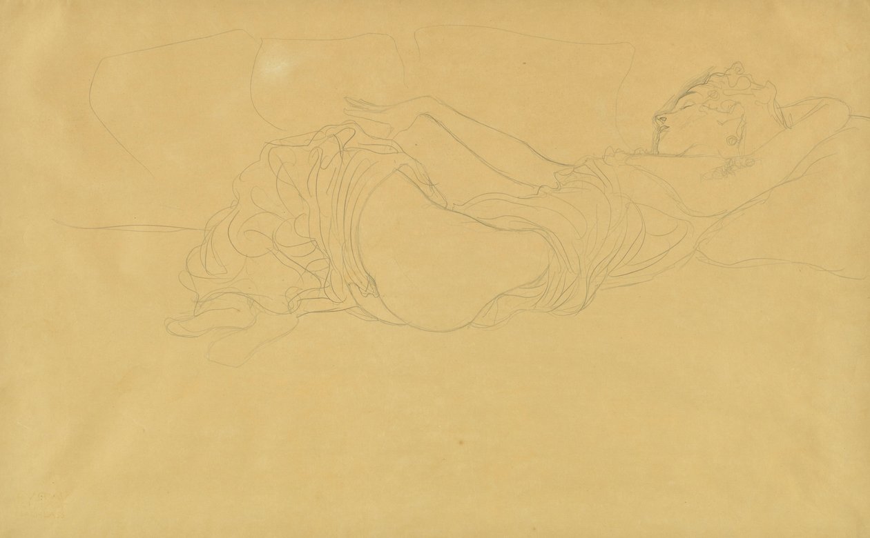 Kvinna liggande på rygg, delvis klädd av Gustav Klimt