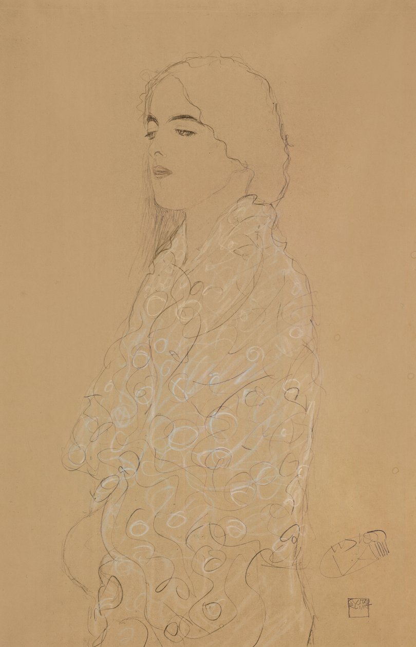 Kvinna med en vit sjal (penna med vit och röd färgad krita på papper) av Gustav Klimt