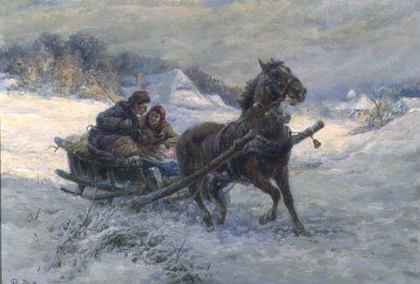 Slädetur på vintern (olja på panel) av Gustav Prucha