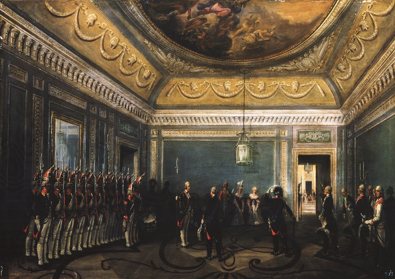 Byte av Preobrazhensky-regementets vakter i Gatchina-palatset vid tiden för Paul I, 1845 av Gustav Schwarz