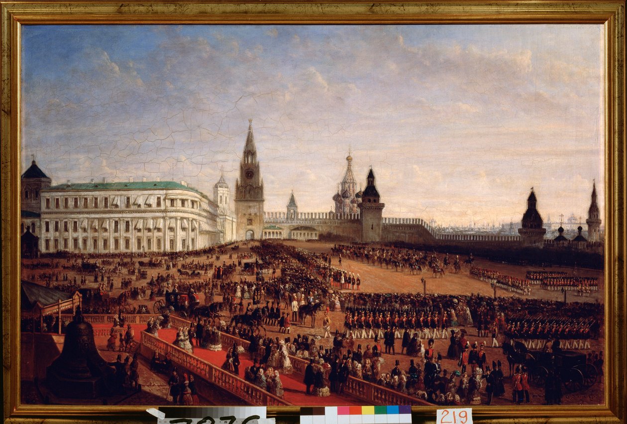 Militärparad under kröningen av kejsar Alexander II (1818-1881) i Kreml i Moskva, 18 februari 1855. Målning av Gustav Schwarz (cirka 1800-efter 1855), olja på duk av Gustav Schwarz