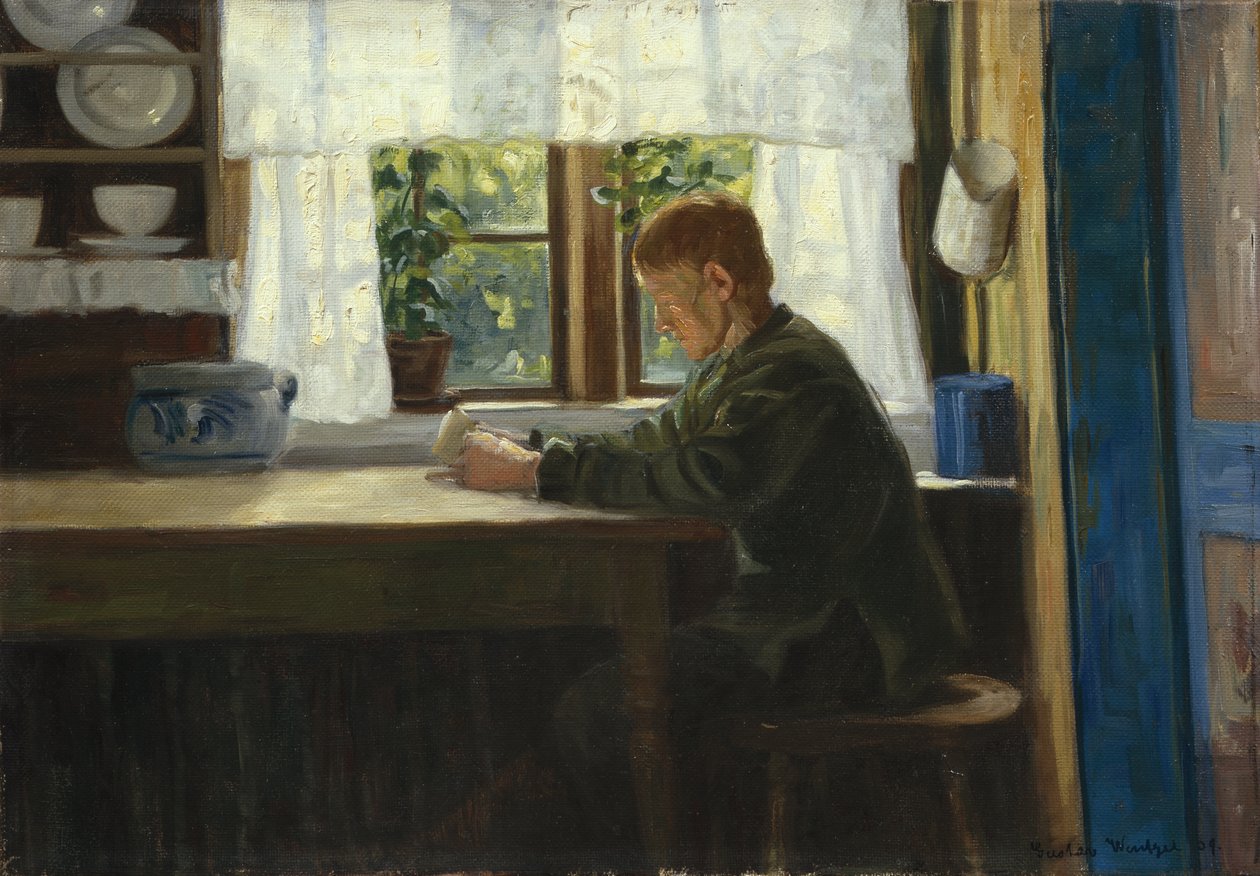 Pojke i köksinredning (olja på duk) av Gustav Wentzel
