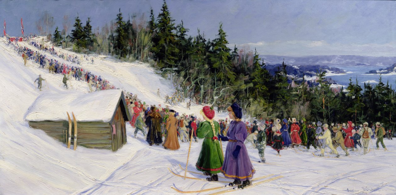 Skidtävling i Fjelkenbakken (olja på duk) av Gustav Wentzel