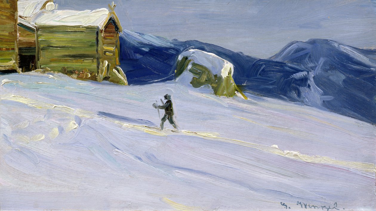 Vinterkväll i Vaga med skidåkare (olja på duk) av Gustav Wentzel