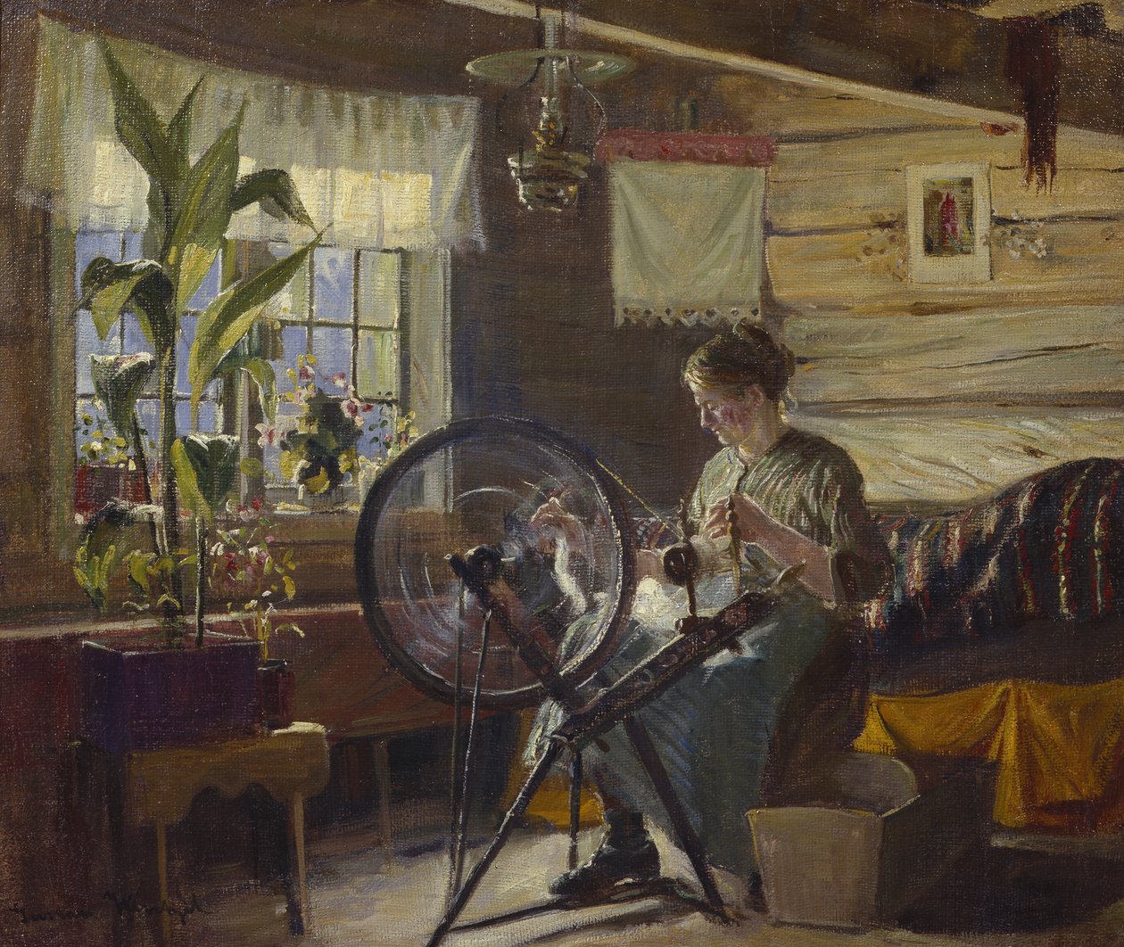 Kvinna i bondgårdsinredning (oi på duk) av Gustav Wentzel