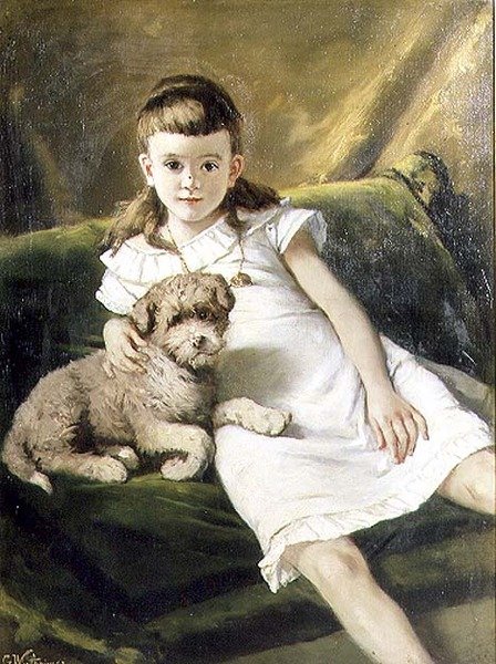 Ung flicka med hund av Gustav Wertheimer