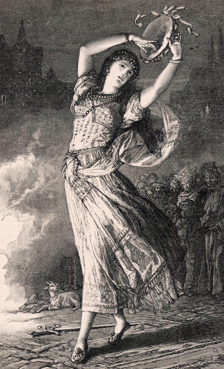 La Esmeralda - illustration från Notre Dame de Paris, 1800-talet (bw gravyr) av Gustave Brion