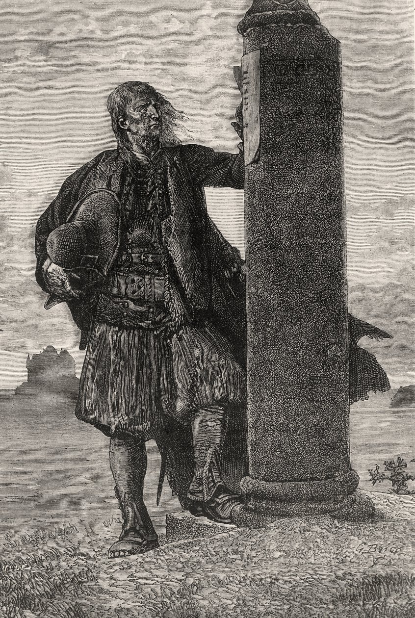 Markisan av Lantenac läser en order om hans arrestering på en pelare - illustration från Quatre Vingt Treize, 1800-talet (bw gravyr) av Gustave Brion