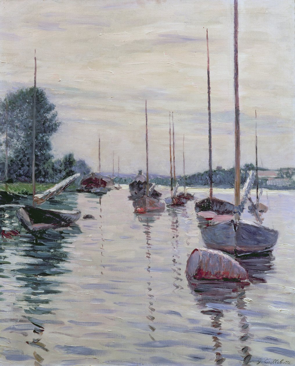 Båtar ankrade på Seine av Gustave Caillebotte