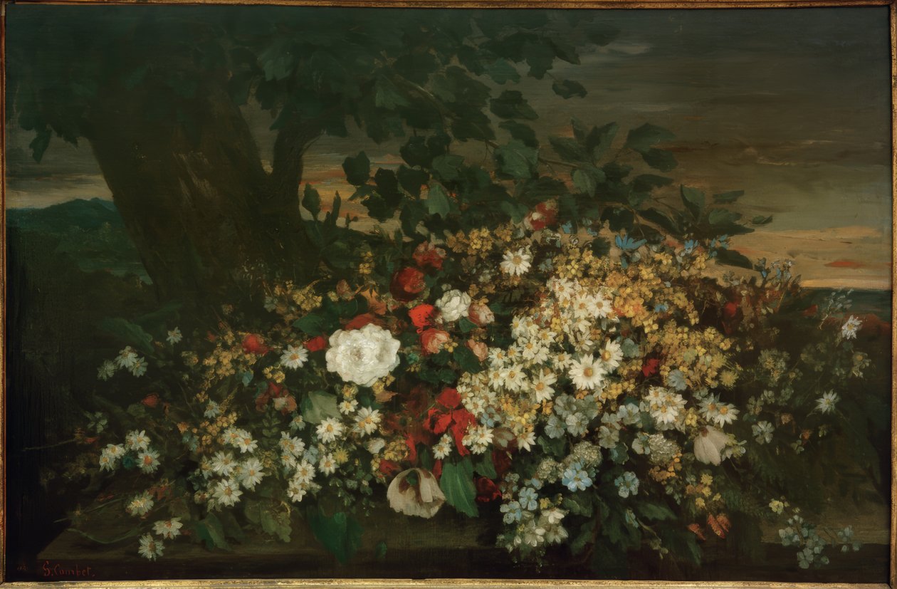 Blommor på en bänk av Gustave Courbet