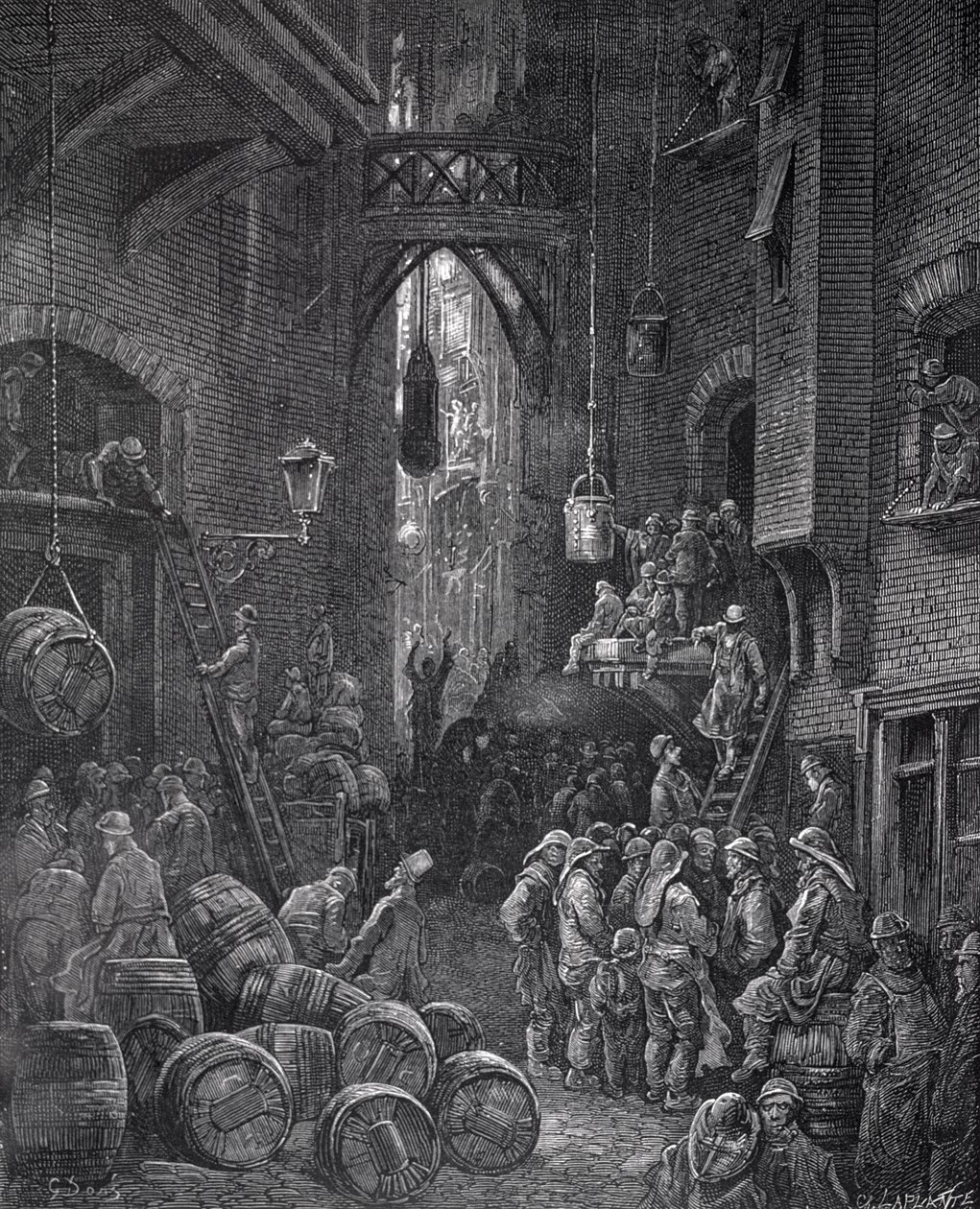 A Riverside Street, från "London, a Pilgrimage" skriven av William Blanchard Jerrold (1826-84), graverad av Charles Leplante (d.1903), pub. 1872 av Gustave Dore